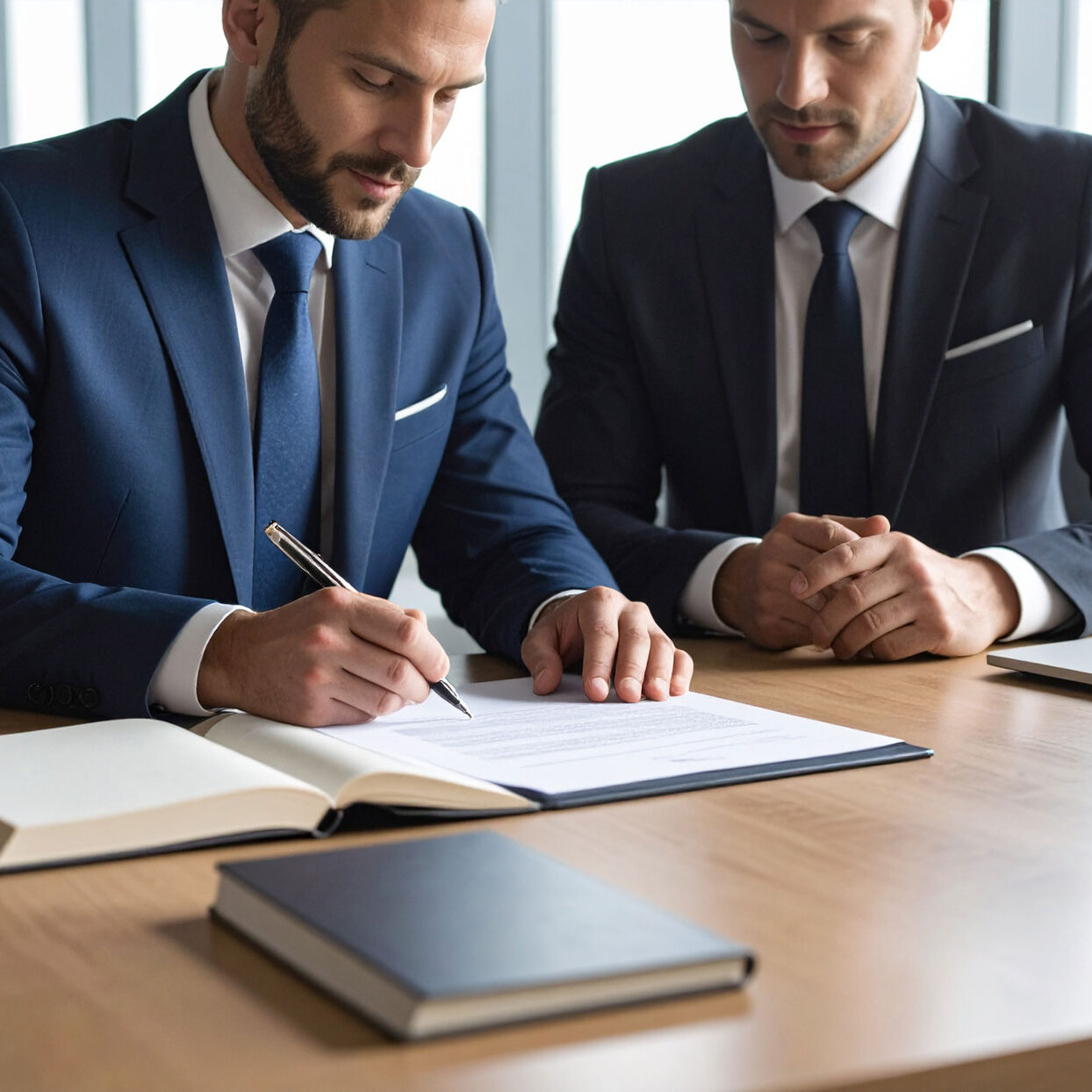 business-man-seating-on-a-desk,-one-of-them-signing-a-contract,-with-a-book business-man-seating-on-a-desk,-one-of-them-signing-a-contract,-with-a-book