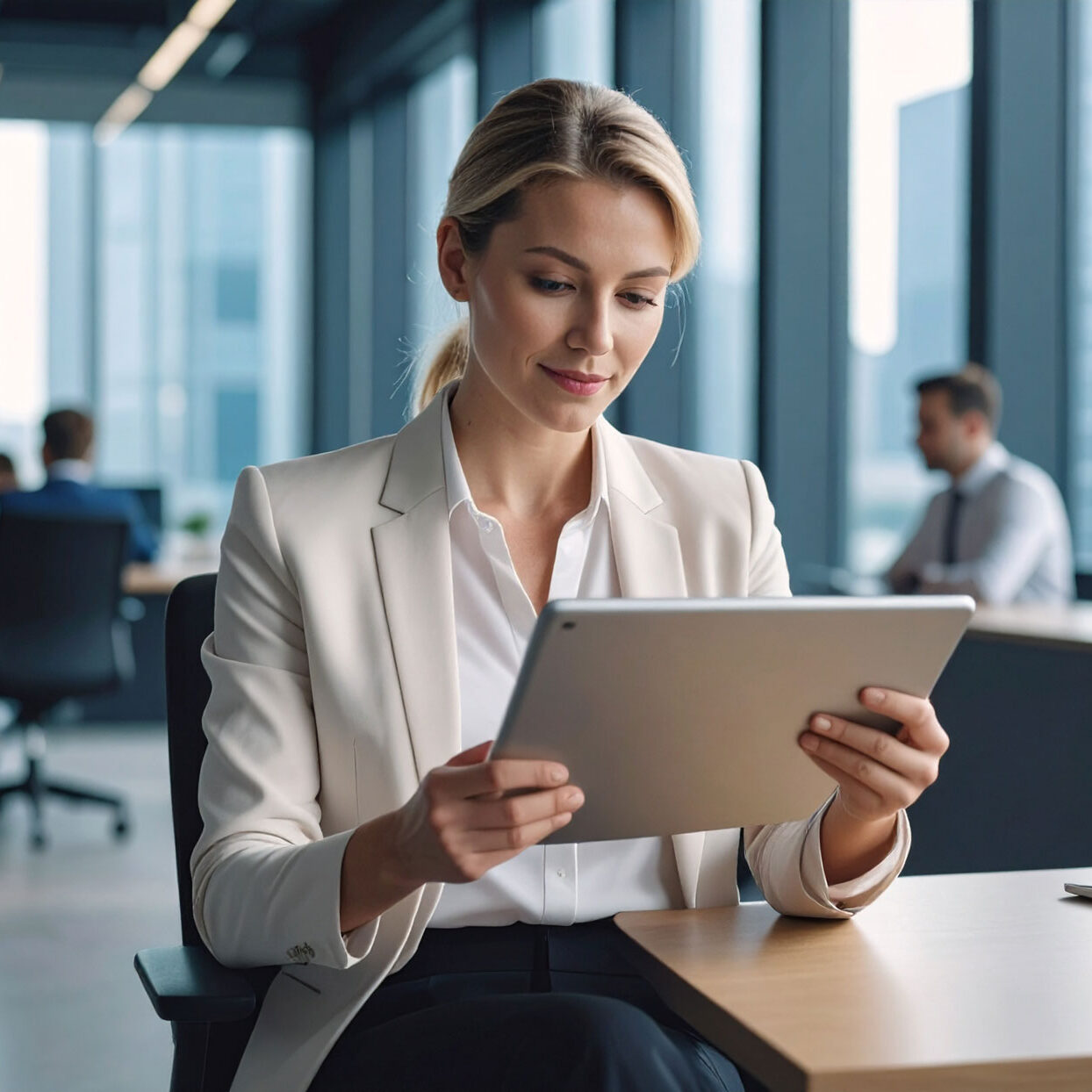 business-woman-reading-the-news-at-a-tablet-seating-down
